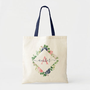 Tote Bag Cadre floral rose et bleu personnalisé
