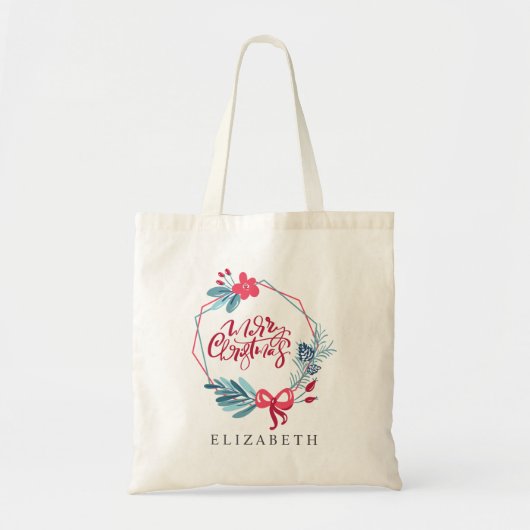 Tote Bag Cadre géométrique bleu moderne Joyeux Noël (Devant)