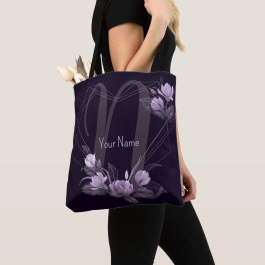 Tote Bag Cadre géométrique violet floral violet avec nom de (De près)