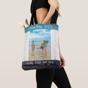 Tote Bag Cadre Photo Bois Plage Blanc Bleu Rustique