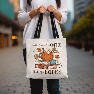 Tote Bag Café mignonne et livre Lover Citrouille d'automne 
