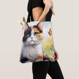 Tote Bag Calico Cat dans le jardin de printemps avec papill