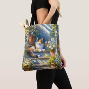 Tote Bag Calico Chat sur Porc Floral Cottagecore