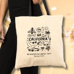 Tote Bag California Trip Family Vacation Custom Matching<br><div class="desc">This black-and-white California doodle-style travel design showcases iconic symbols of the Golden State including the Golden Gate Bridge, surf waves, palm trees, tacos, and road-trip elements. Personalize the text with your family name and year to create a unique souvenir for a California vacation, family trip, reunion, or group adventure.</div>