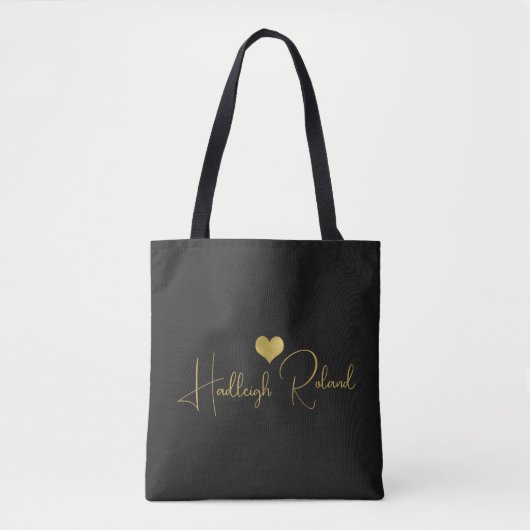 Tote Bag Calligraphie de nom Monogramme Cœur Or (Devant)