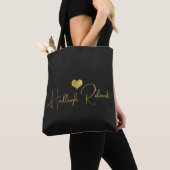Tote Bag Calligraphie de nom Monogramme Cœur Or (De près)