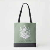 Tote Bag Calligraphie moderne paon blanc sauge vert dos (Devant)