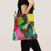 Tote Bag Camellias rouge avec vert (De près)
