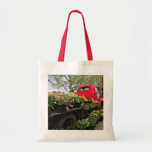 Tote Bag Camion rouge avec fleurs de printemps et arc en ci (Devant)