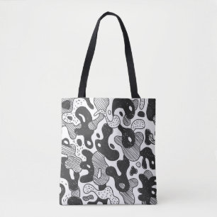 Tote Bag camouflage abstrait style doodé, noir