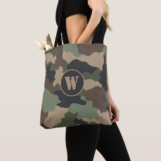 Tote Bag Camouflage Woodland Camo Khaki Tan Black Monogramm (De près)