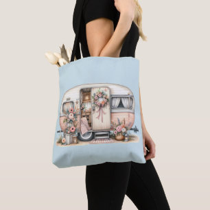 Tote Bag Camper Boho avec couronne florale et pastels rose