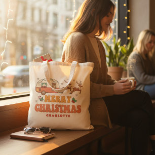 Tote Bag Camping Joyeux renne de Noël Nom personnalisé