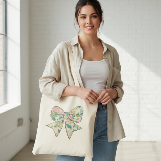 Tote Bag Canvas Bag with Floral Bow - Boho Chic Style.