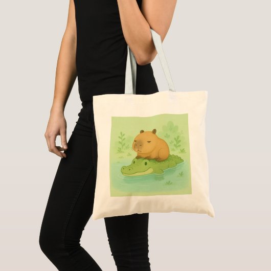 Tote Bag Capybara Brown réfrigérée sur crocodile vert (Devant (produit))