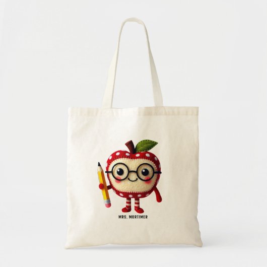 Tote Bag Caractère de pomme rouge mignon avec un crayon Nom (Devant)
