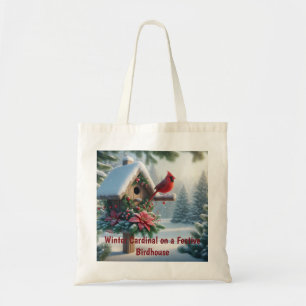 Tote Bag Cardinal d'hiver sur une maison d'oiseaux festive
