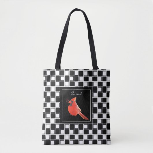 Tote Bag Cardinal oiseau sur noir blanc à damiers motif (Devant)