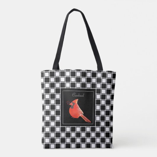 Tote Bag Cardinal oiseau sur noir blanc à damiers motif (Dos)