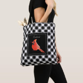 Tote Bag Cardinal oiseau sur noir blanc à damiers motif (De près)