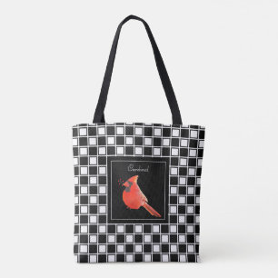 Tote Bag Cardinal sur fond à carreaux noir et blanc