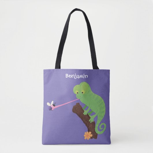 Tote Bag Caricature de lézard de caméléon vert joyeux (Devant)