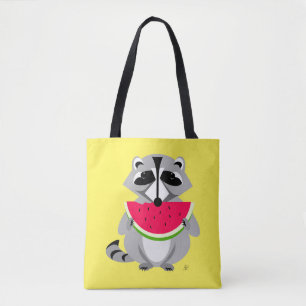 Tote Bag Caricature de Raccoon Eating Watermelon