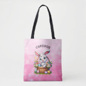 Tote Bag Caricature mignonne lapin de Pâques dans un panier (Devant)