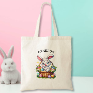 Tote Bag Caricature mignonne lapin de Pâques dans un panier