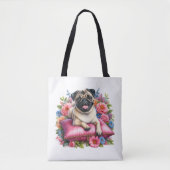 Tote Bag Carlin Chien sur un Coussin avec Fleurs en Aquarel (Devant)