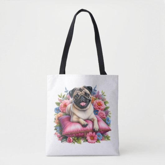 Tote Bag Carlin Chien sur un Coussin avec Fleurs en Aquarel (Devant)