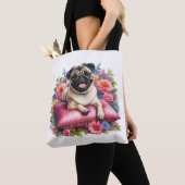 Tote Bag Carlin Chien sur un Coussin avec Fleurs en Aquarel (De près)