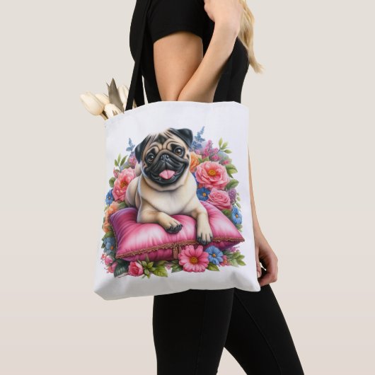Tote Bag Carlin Chien sur un Coussin avec Fleurs en Aquarel (De près)