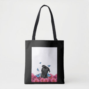 Tote Bag Carlin Noir Avec Papillons Bleus Et Gerberas