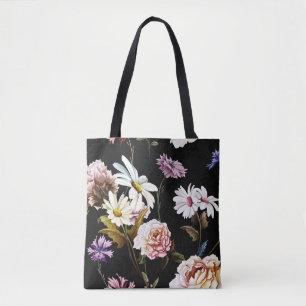 Tote Bag Carnation, fleurs de camomille, motif noir.
