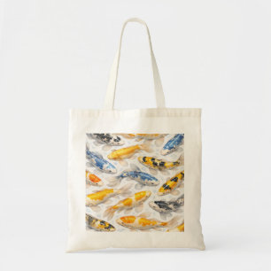 Tote Bag Carpes koï dorées bleues et noires aquarelle Étang