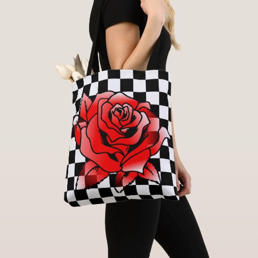 Tote Bag Carré Blanc Et Noir Et Rose Rouge (De près)