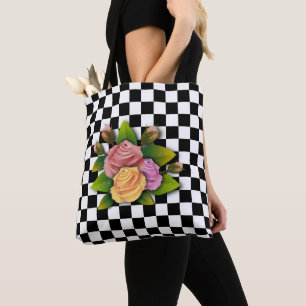 Tote Bag Carré Et Roses Noir Et Blanc