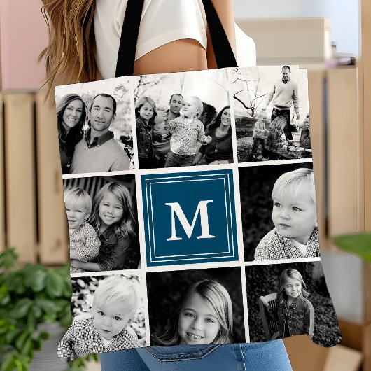 Tote Bag Carré Photo Collage Marine Monogramme Custom