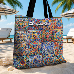 Tote Bag Carreau de Talavera Mexicain Rouge Jaune Élégant M