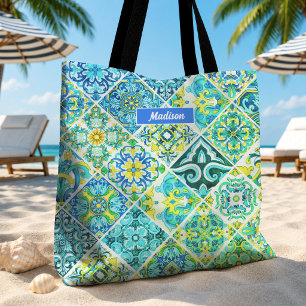 Tote Bag Carreau sicilien en majolique à motif floral aqua