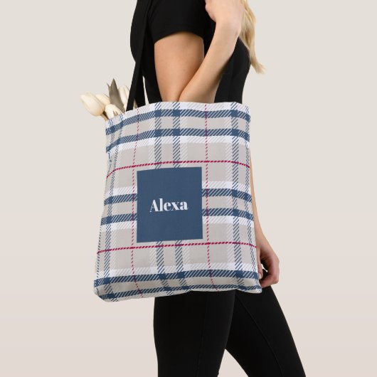Tote Bag Carreaux Beige Bleu Classique (De près)