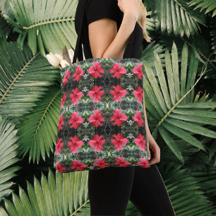 Tote Bag Carreaux de l'Hibiscus rouge Motif Tropical