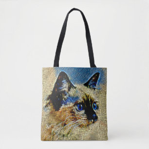 Tote Bag Carreaux de mosaïque de chats siamois bleu