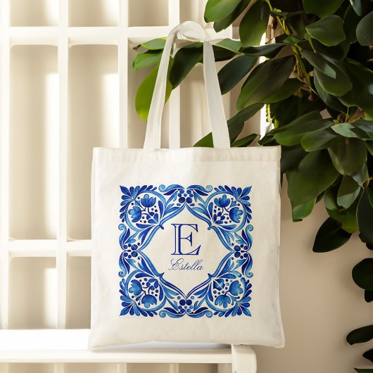 Tote Bag Carreaux de Talavera bleus vintage monogrammés