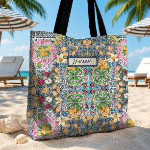 Tote Bag Carreaux Floraux de Citron Sicilien Bleu Chic Rose