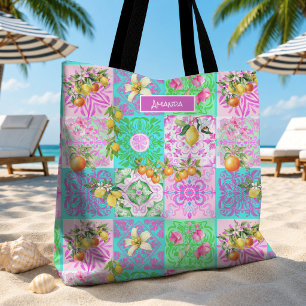 Tote Bag Carreaux floraux de collage de citrons siciliens r