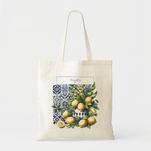 Tote Bag Carrelage bleu italien et citrons | votre nom (Devant)