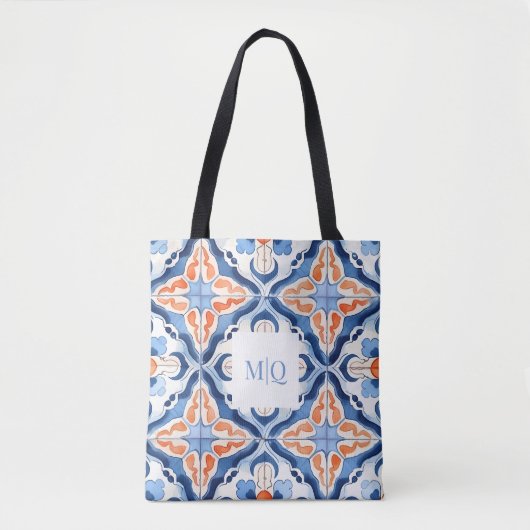Tote Bag Carrelage Floral Bleu Et Rouge (Devant)