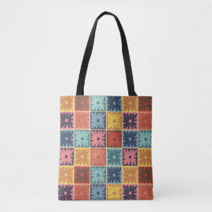Tote Bag Carrés de fleurs les années 70 rétro à damiers mot